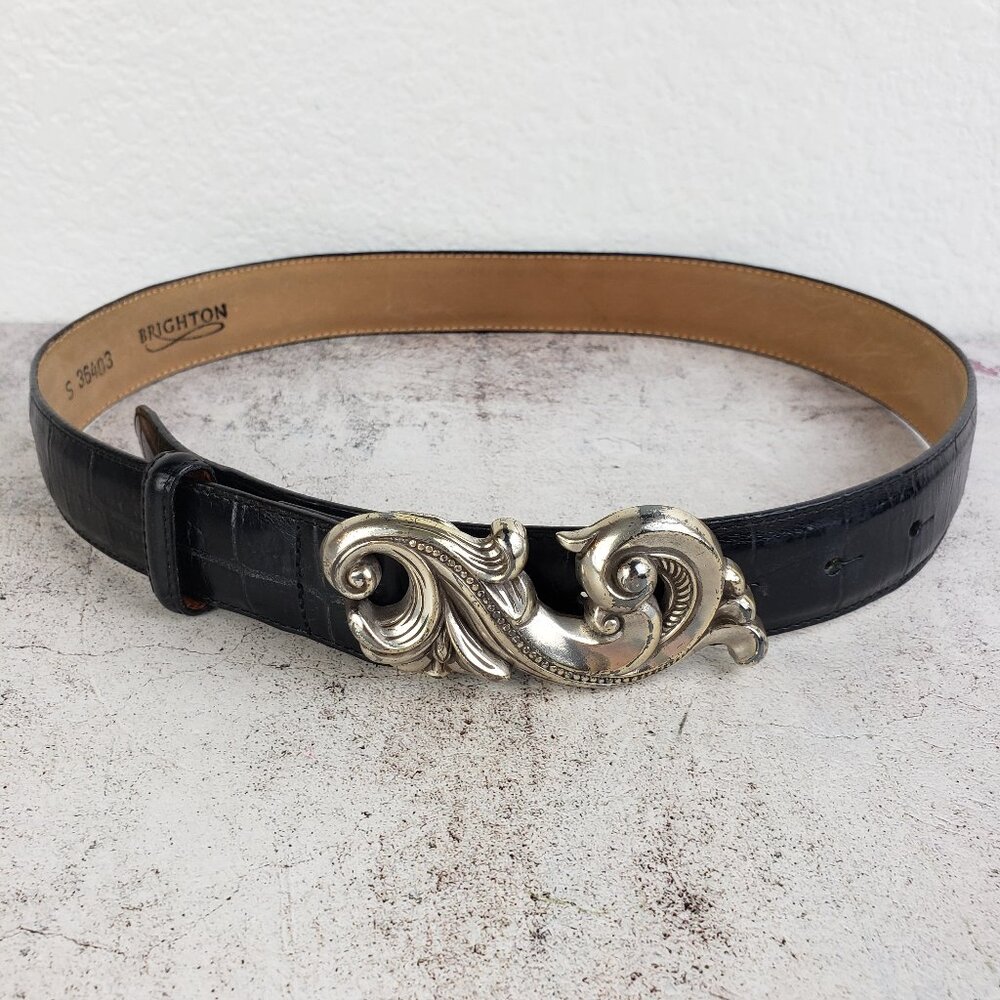 Brighton Vintage 1995 Leather Belt Black Croc Embossed size S Art Deco Boho - Picture 2 of 10